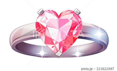 Illustration of heart-shaped diamond wedding rings adorned with beautiful diamonds, exchanged in a romantic ceremony, brimming with elegance, charm, and enduring love. AI Generated 121622897