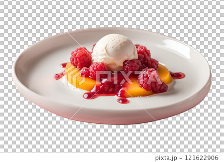Peach Melba dessert, A zesty-sweet blend of flavors, combining tangy peaches with raspberry sauce and vanilla ice cream for a refreshing and delightful experience. AI Generated 121622906