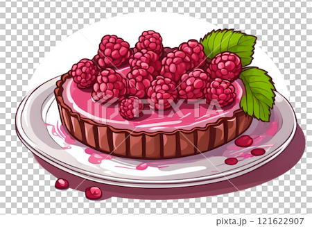 Illustration of a beautifully decorated Raspberry Chocolate Tart, with vibrant colors and an appetizing appearance, showcasing its rich chocolate and tart raspberries in a buttery crust. AI Generated 121622907