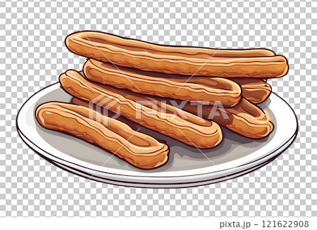 Cartoon illustration of delicious ready to eat churro dough sticks, capturing the sweet cinnamon sugar coated treats in a fun and appetizing style. AI Generated 121622908
