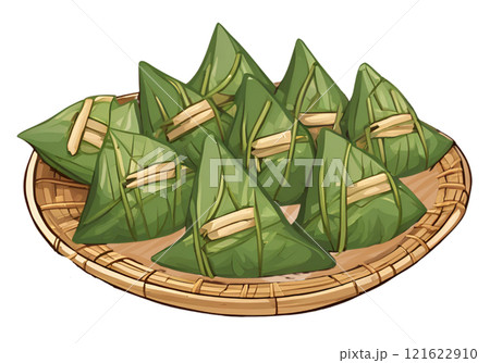 Illustration of a delicious triangular Zongzi Dumpling wrapped in bamboo leaves served on a woven bamboo tray, capturing the essence of traditional culinary craftsmanship. AI Generated 121622910