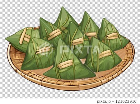 Illustration of a delicious triangular Zongzi Dumpling wrapped in bamboo leaves served on a woven bamboo tray, capturing the essence of traditional culinary craftsmanship. AI Generated 121622910