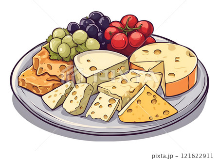 Premium cheese platter served with a selection of grapes and tomatoes, offering a delightful combination of savory cheeses with sweet and tangy accompaniments for a sophisticated dining. AI Generated 121622911