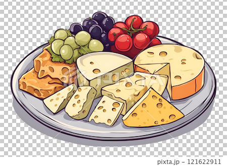 Premium cheese platter served with a selection of grapes and tomatoes, offering a delightful combination of savory cheeses with sweet and tangy accompaniments for a sophisticated dining. AI Generated 121622911