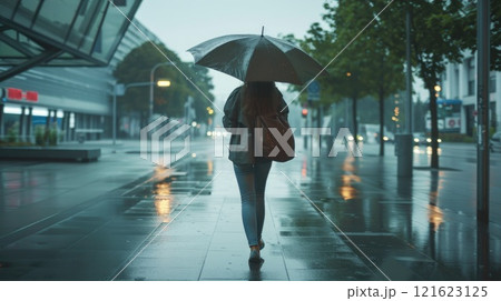 A woman is walking down a wet street with an umbrella 121623125