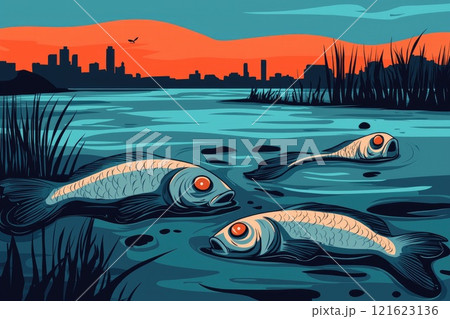 Three fish are swimming in a body of water Three fish are swimming in a body of water 121623136