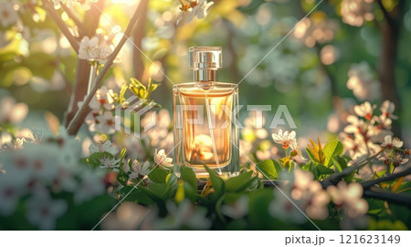 A bottle of perfume is placed on a bed of flowers 121623149