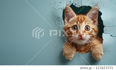 A cat is peeking out of a hole in a wall A cat is peeking out of a hole in a wall 121623155