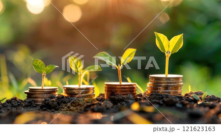 A group of coins and plants are arranged in a way that they look like they are growing. 121623163