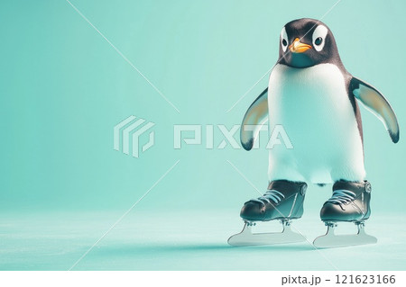 Photorealistic Penguin on Ice Skates in a Vibrant Aquamarine Background, Perfect for Winter Sports Themes Photorealistic Penguin on Ice Skates in a Vibrant Aquamarine Background, Perfect for Winter Sports Themes 121623166