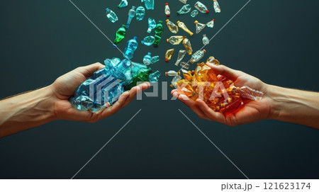 Two hands holding two different colored piles of plastic bottles 121623174
