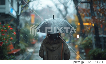 A woman is walking down a street in the rain with an umbrella 121623331