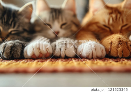 Close-Up of Cat Paws on a Cozy Surface Close-Up of Cat Paws on a Cozy Surface 121623346