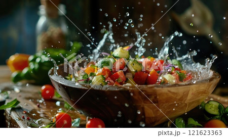 A bowl of salad with a lot of water splashing out of it A bowl of salad with a lot of water splashing out of it 121623363