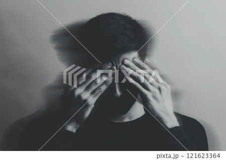 A man is looking at the camera with his hands on his face 121623364