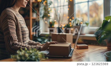 Modern home office workspace of female online entrepreneur organizing orders on laptop with cardboard box 121623369