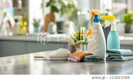 Sparkling professional cleaning services banner with close-up of cleaning supplies on clean countertop in brightly lit room with copy space 121623389
