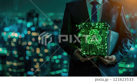 Green Future Leadership, Politician Holding Glowing Recycling Bin and Briefcase in Sustainable City Green Future Leadership, Politician Holding Glowing Recycling Bin and Briefcase in Sustainable City 121623533