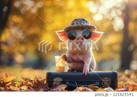 Stylish Piglet on Vacation, Trendy Animal in Sunglasses and Hat Sits on Suitcase Amid Autumn Leaves with Drink in Hand 121623541