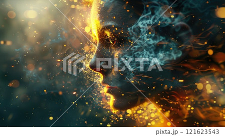 A woman's face is shown with smoke and fire, creating a surreal A woman's face is shown with smoke and fire, creating a surreal 121623543