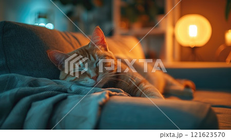 A cat is sleeping on a couch in living room with warm light A cat is sleeping on a couch in living room with warm light 121623570