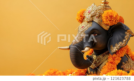 Black Statue of Hindu Deity with Flowers on Orange Background 121623788