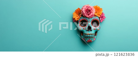 Decorative Day of the Dead sugar skull with vibrant flower crown on teal backdrop 121623836