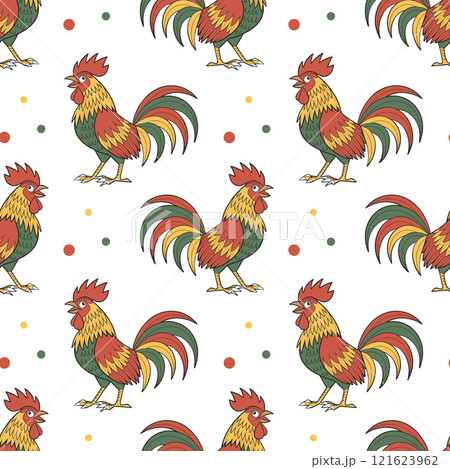Seamless pattern with bright roosters on a white background. Colored background, print Seamless pattern with bright roosters on a white background. Colored background, print 121623962