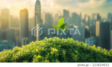Green plant sprout growing on moss in city. Concepts of sustainable urban development, green city, ecological development, and environment protection. Green plant sprout growing on moss in city. Concepts of sustainable urban development, green city, ecological development, and environment protection. 121624012