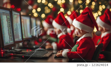Christmas elves working hard on computers to deliver gifts on time. Concept of Christmas preparations, holiday spirit, technology and e commerce. Christmas elves working hard on computers to deliver gifts on time. Concept of Christmas preparations, holiday spirit, technology and e commerce. 121624014