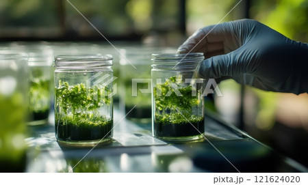 Plant Tissue Culture in Laboratory. Scientist examining plant specimen in vitro culture. Concept of plant biotechnology, biological research, genetic engineering, plant growth, and agriculture. 121624020