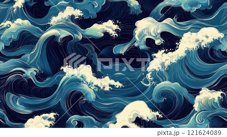 Stylized Ocean Waves, Digital Illustration. Concept of Nature, Power, Ocean, Water, and Art Stylized Ocean Waves, Digital Illustration. Concept of Nature, Power, Ocean, Water, and Art 121624089