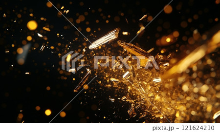 Shattered glass exploding in sharp fragments on dark background 121624210