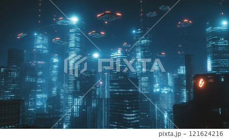 Unidentified flying objects hover over a city...のイラスト素材 [121624216] - PIXTA