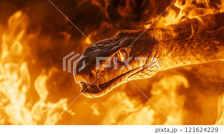 Fire snake poised amidst flames in a dramatic...のイラスト素材 [121624229] - PIXTA