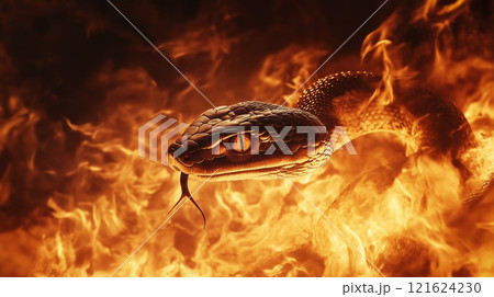 Fire snake poised amidst flames in a dramatic...のイラスト素材 [121624230] - PIXTA