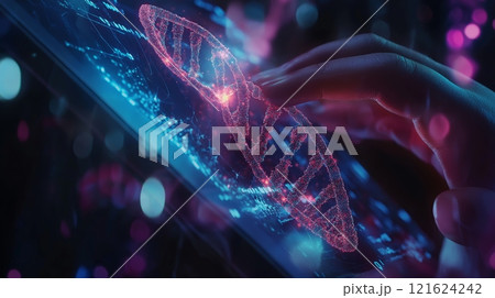 Scientist analyzing DNA data in a futuristic lab setting with vibrant digital displays 121624242