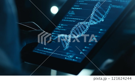 Scientist analyzing DNA data in a futuristic lab setting with vibrant digital displays 121624244
