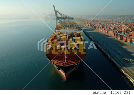 Container ship navigates busy port with colorful cargo 121624281