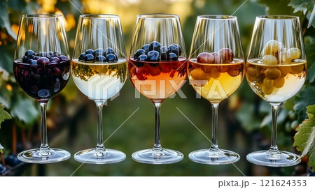 Wine glasses filled with grapes and wine. 121624353