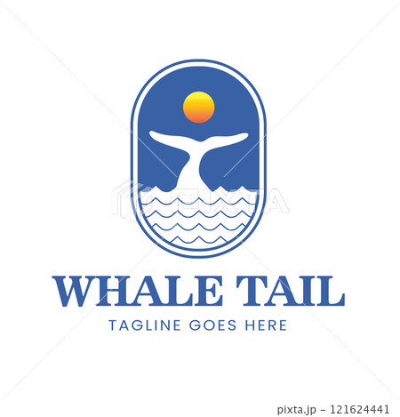 Whale Tail Logo Vector Illustration Simple Vintage Design Whale Tail Icon Badge with Waves 121624441