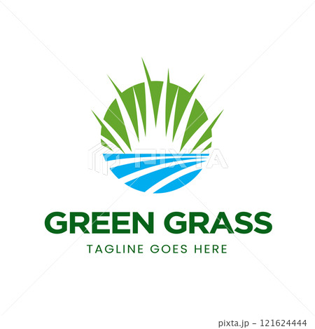 Green Grass Creative Logo Design with Nature Theme and Farmland Landscape Plantation Vector Illustration 121624444