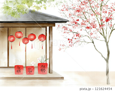 vibrant watercolor of decorated home with red lanterns and blossoms, evoking festive atmosphere. , Lunar New Year 121624454