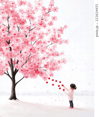 child decorating cherry blossom tree with small red ornaments, creating joyful atmosphere. , Lunar New Year 121624455