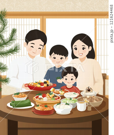 family enjoys festive meal together, celebrating traditions and unity. , Lunar New Year 121624468
