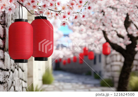 Red lanterns hanging from cherry blossom trees create serene alleyway scene. , Lunar New Year Red lanterns hanging from cherry blossom trees create serene alleyway scene. , Lunar New Year 121624500