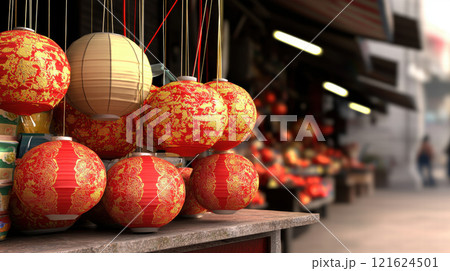 Colorful lanterns hanging at vibrant market stall, creating festive atmosphere. , Lunar New Year Colorful lanterns hanging at vibrant market stall, creating festive atmosphere. , Lunar New Year 121624501
