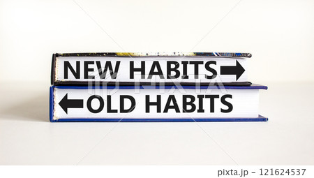 New or old habits symbol. Concept word New habits Old habits on beautiful books. Beautiful white table white background. Business new or old habits concept. Copy space. New or old habits symbol. Concept word New habits Old habits on beautiful books. Beautiful white table white background. Business new or old habits concept. Copy space. 121624537