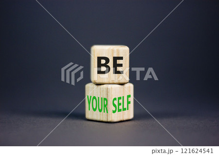 Motivational be yourself symbol. Concept words Be yourself on beautiful wooden block. Beautiful grey table grey background. Business motivational be yourself concept. Copy space. 121624541