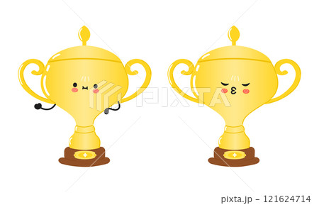 Cute cartoon Golden trophy cup character with a smiling.. Vector hand drawn cartoon kawaii character illustration icon. Isolated on white background. Golden trophy cup character concept 121624714